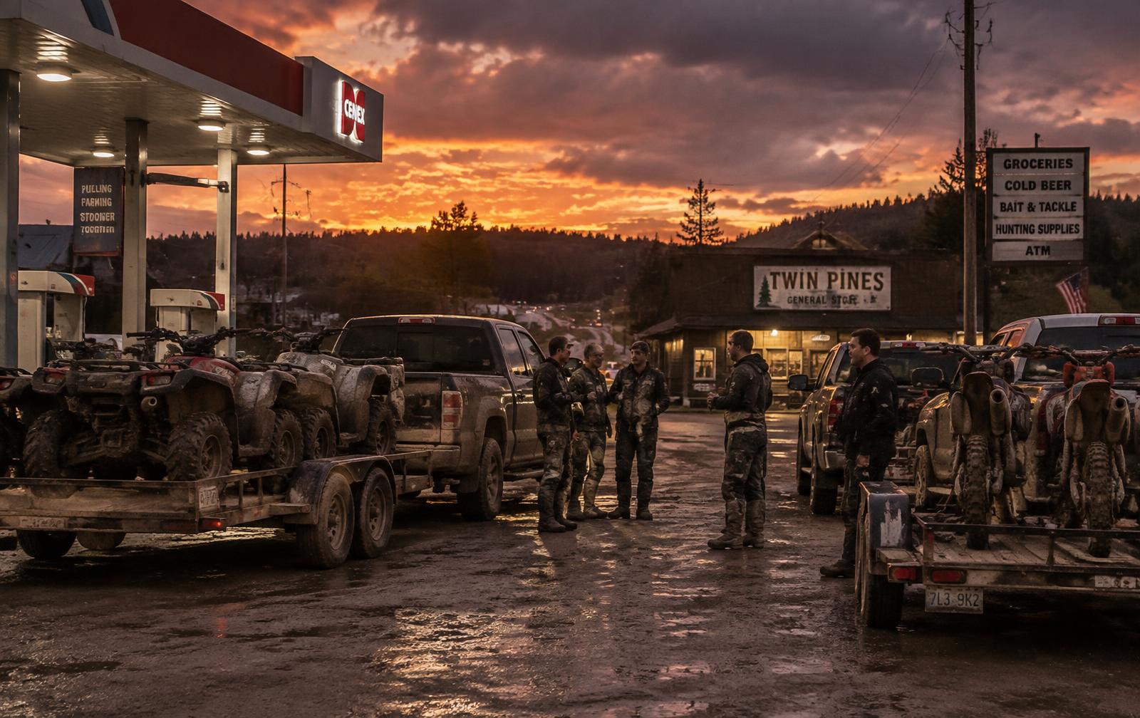 Riders and loaded trailers meeting at a rural gas station at dusk