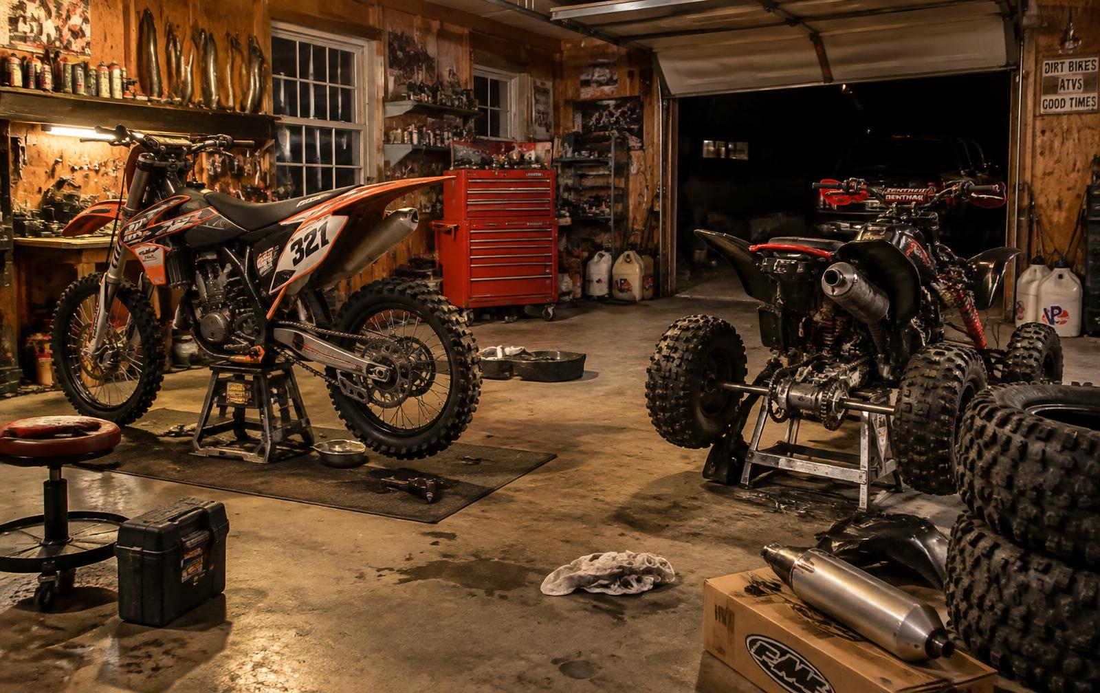 Home garage with a dirt bike and quad mid-build