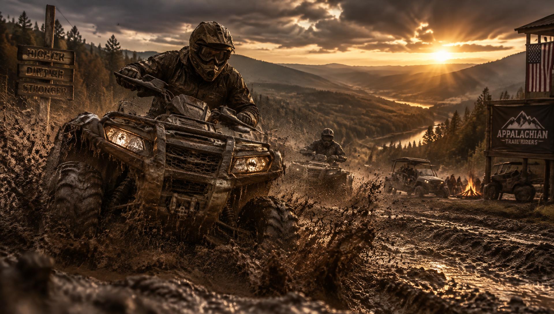 Quad rider throwing mud on a trail at sunset